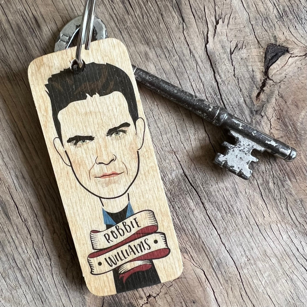 Robbie Williams Character Wooden Keyring by Wotmalike