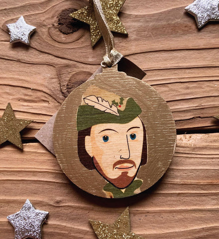 Robin Hood - Character Wooden Bauble Hand Painted with Gold Leaf Paint - RWHO