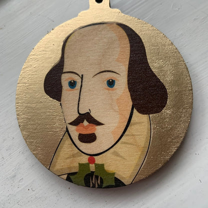 William Sheakespeare - Character Wooden Bauble Hand Painted with Gold Leaf Paint - RWHO