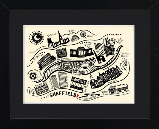Sheffield Line Illustration Mounted Print Design 3 with text