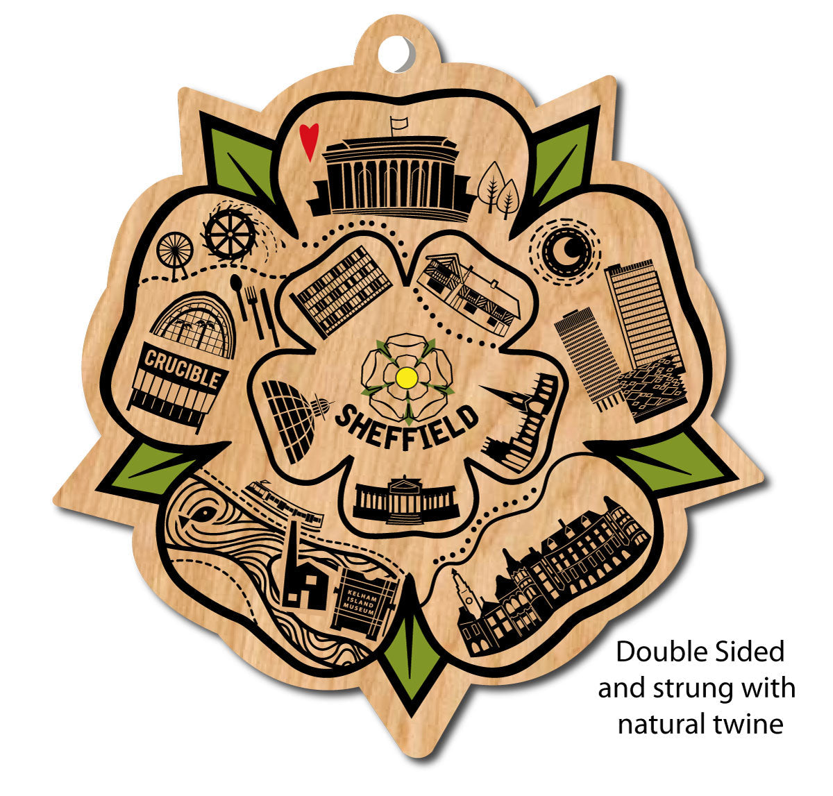 Sheffield Rose - Line Illustration Wooden Hanging Ornament