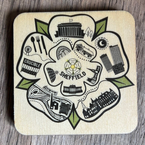 Sheffield Rose Line Illustration Design 1 Yorkshire Wooden Coasters - RWC1 (Six Pack)