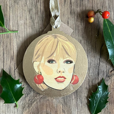 Taylor Swift - Character Wooden Bauble Hand Painted with Gold Leaf Paint - RWHO