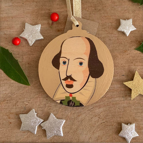 William Sheakespeare - Character Wooden Bauble Hand Painted with Gold Leaf Paint - RWHO