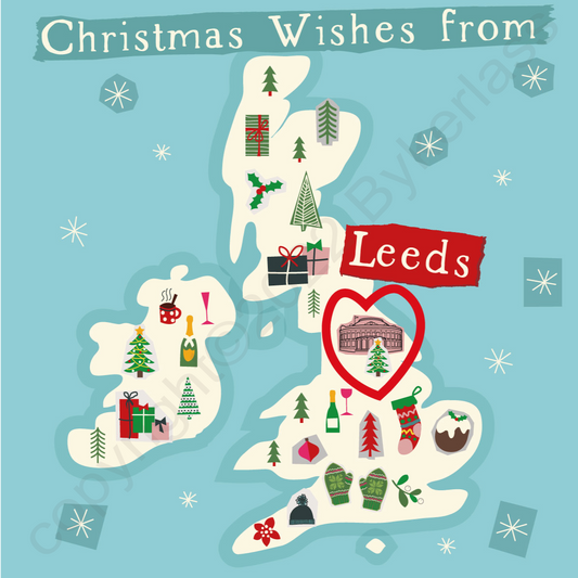 Illustrated UK Map Christmas Card - Leeds by Wotmalike