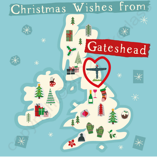 Illustrated UK Map Christmas Card - Gateshead by Wotmalike