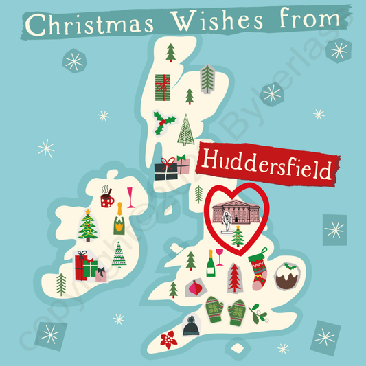 Illustrated UK Map Christmas Card Huddersfield by Wotmalike