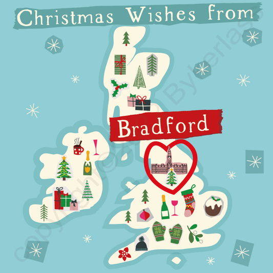 Illustrated UK Map Christmas Card BRADFORD by wotmalike