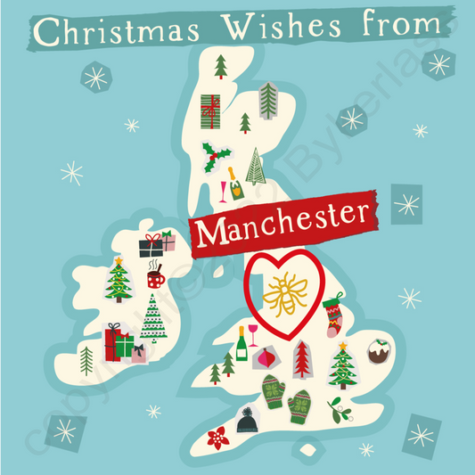 Illustrated UK Map Christmas Card - Manchester by Wotmalike