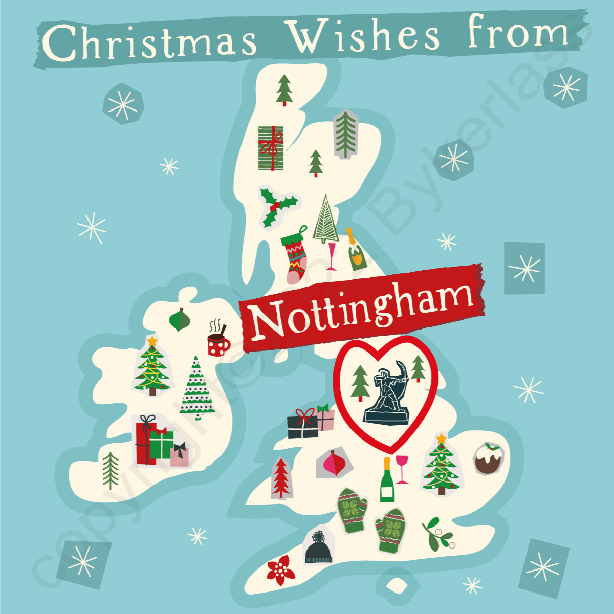 Illustrated UK Map Christmas Card - Nottingham by Wotmalike