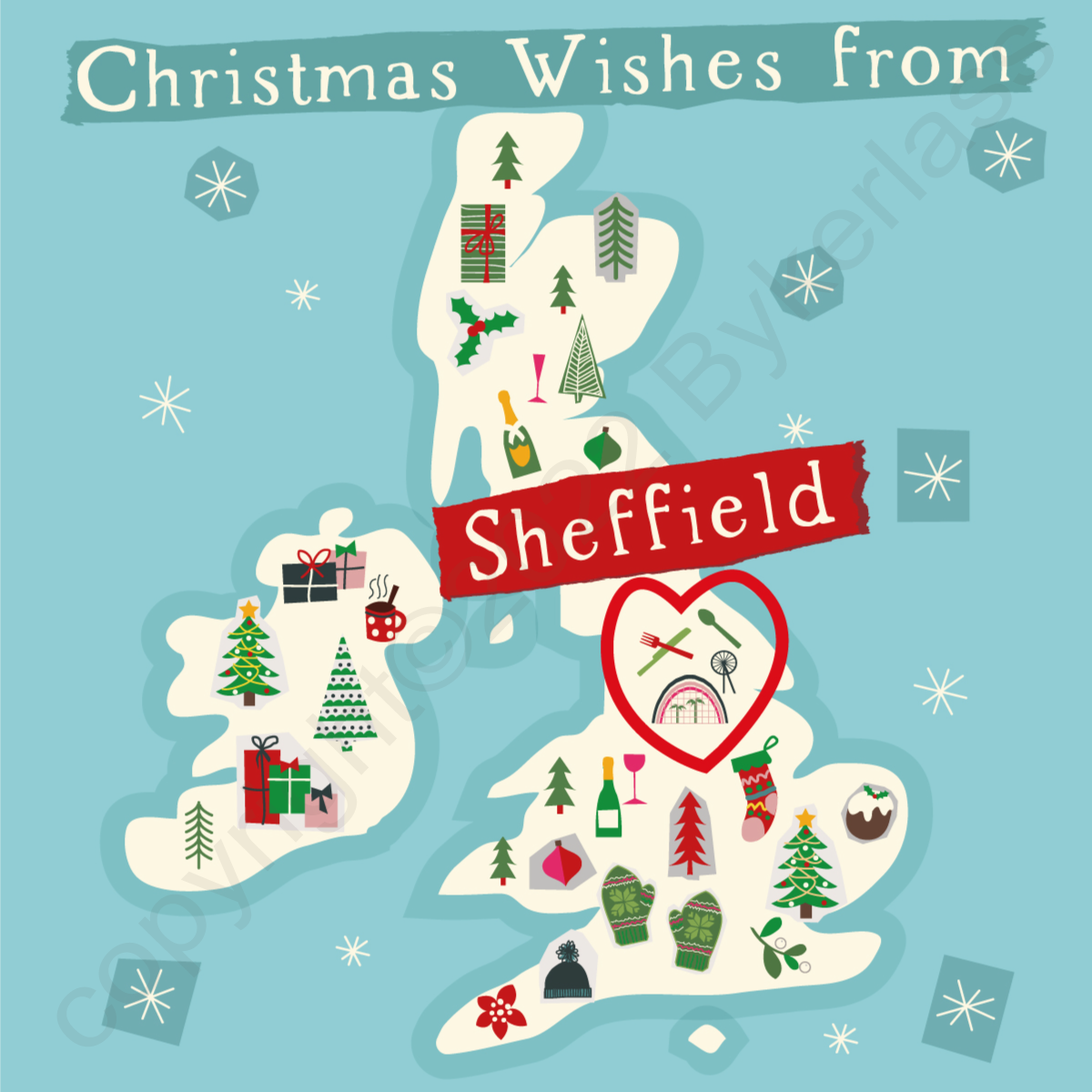 Illustrated UK Map Christmas Card - Sheffield by Wotmalike