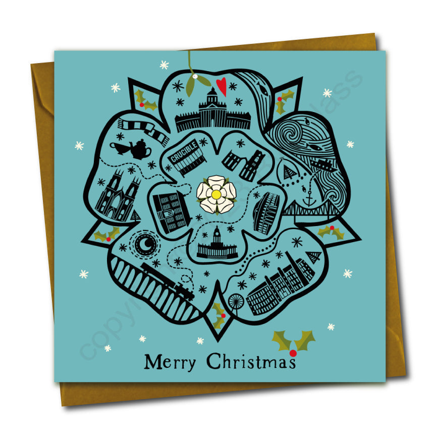 Yorkshire Rose (Blue) Line Illustration Christmas Card --- YX11