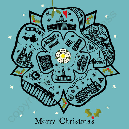 Yorkshire Rose (Blue) Line Illustration Christmas Card --- YX11