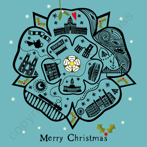 Yorkshire Rose (Blue) Line Illustration Christmas Card --- YX11