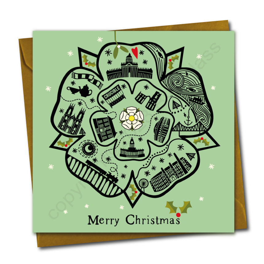 Yorkshire Rose (Green) Line Illustration Christmas Card by Wotmalike