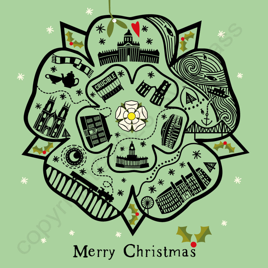 Yorkshire Rose (Green) Line Illustration Christmas Card by Wotmalike