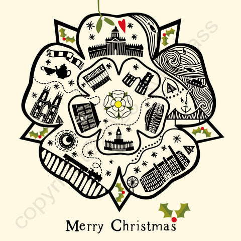 Yorkshire Rose (Cream) Line Illustration Christmas Card --- YX13