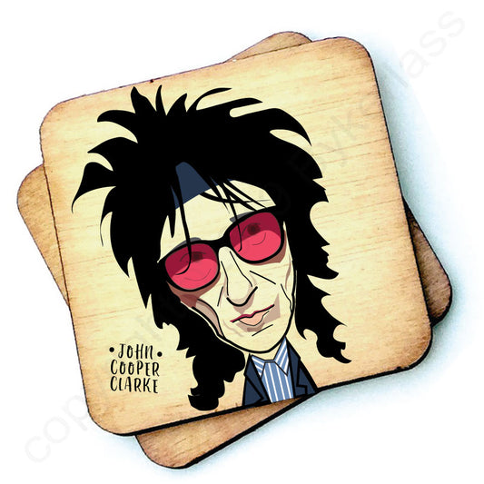 John Cooper Clarke Character Wooden Coaster by wotmalike