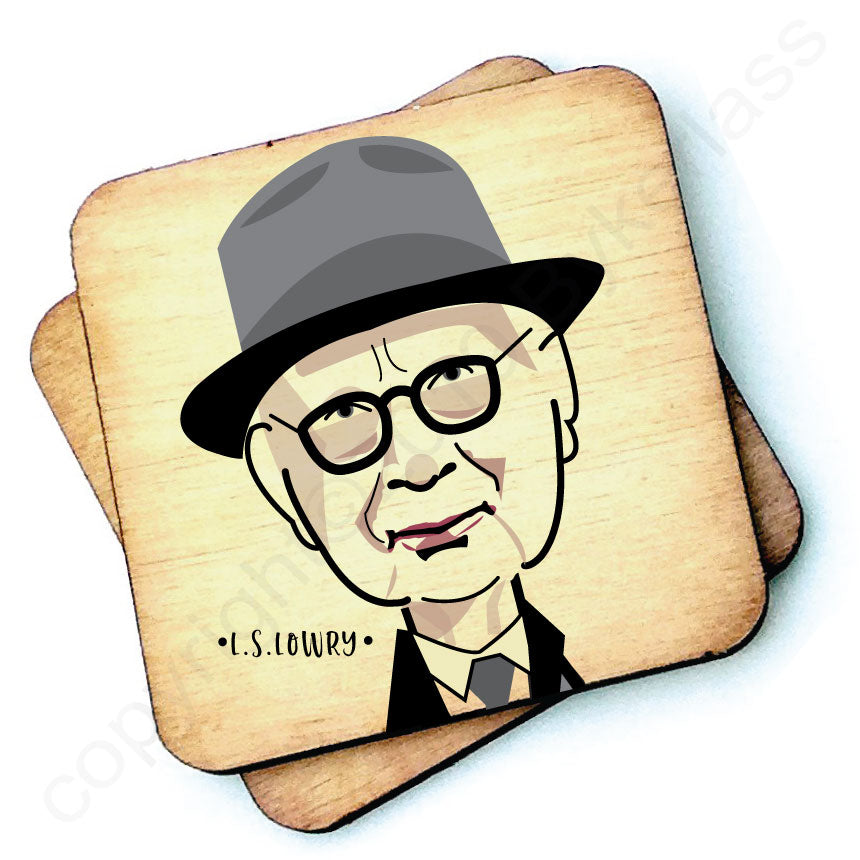 L S Lowry Character Wooden Coaster by wotmalike