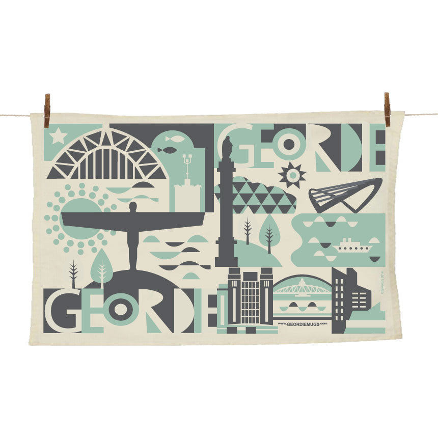 Geordie City Tea Towel in Pistachio & Charcoal (GTTCity2)