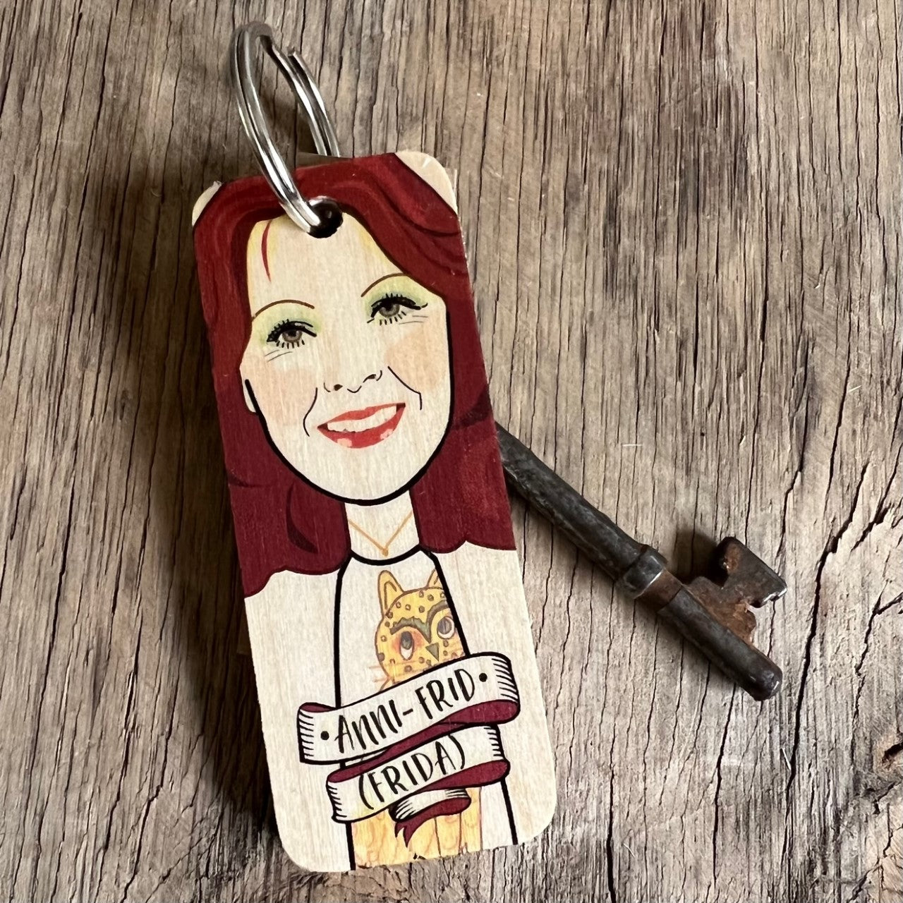 ABBA Anni Frid (FRIDA) Character Wooden Keyring by wotmalike