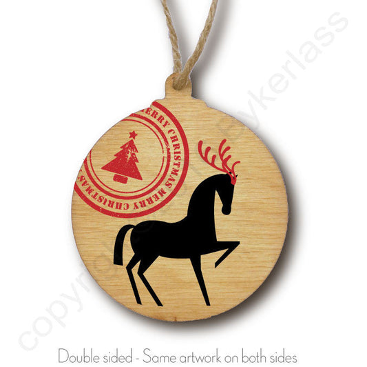 Horse With Stamp Wooden Christmas Bauble  - DOUBLE SIDED  RWB1