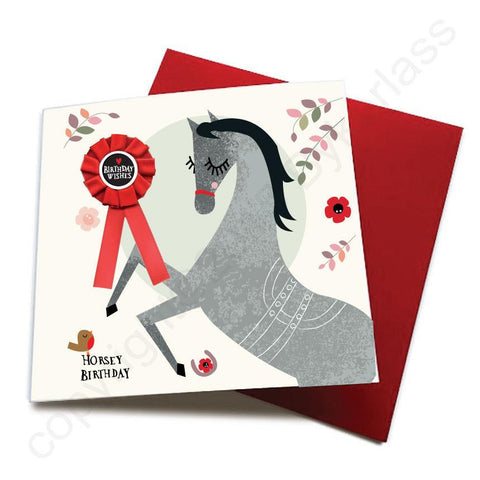 Horsey Birthday - Horse Greeting Card (with satin ribbon rosette)  CHDC14