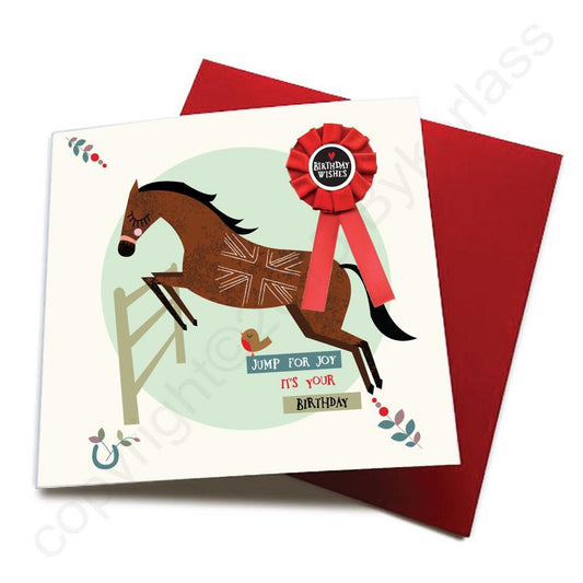 Jump For Joy - Horse Greeting Card (with satin ribbon rosette)