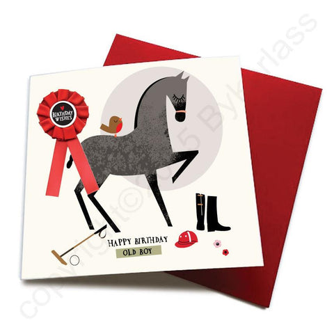 Happy Birthday Old Boy - Horse Greeting Card (with satin ribbon rosette) - CHDC21