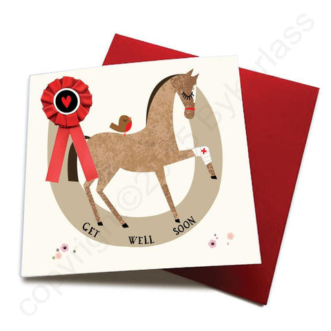 Get Well Soon - Horse Greeting Card (with satin ribbon rosette)  CHDC23