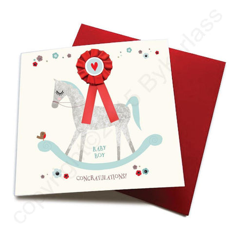 Baby Boy - Horse Baby Birth Card (with satin ribbon rosette)  CHDC7