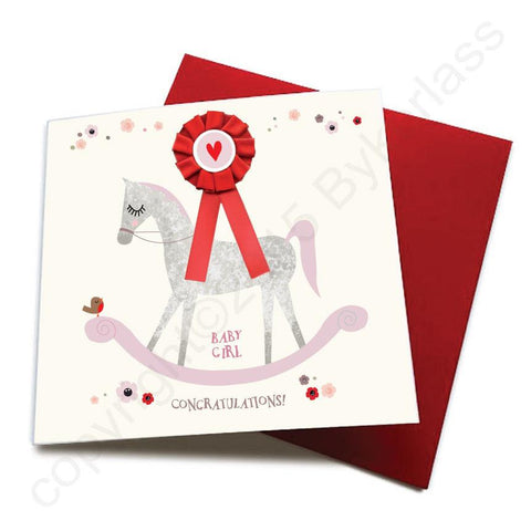Baby Girl - Horse Baby Birth Card (with satin ribbon rosette)  CHDC8