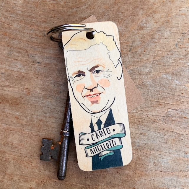 Carlo Ancelotti Character Wooden Keyring by Wotmalike