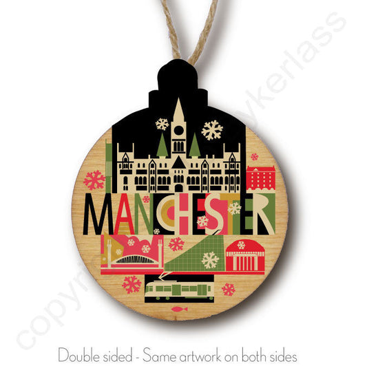 City Scape Manchester Rustic Wooden Christmas Bauble