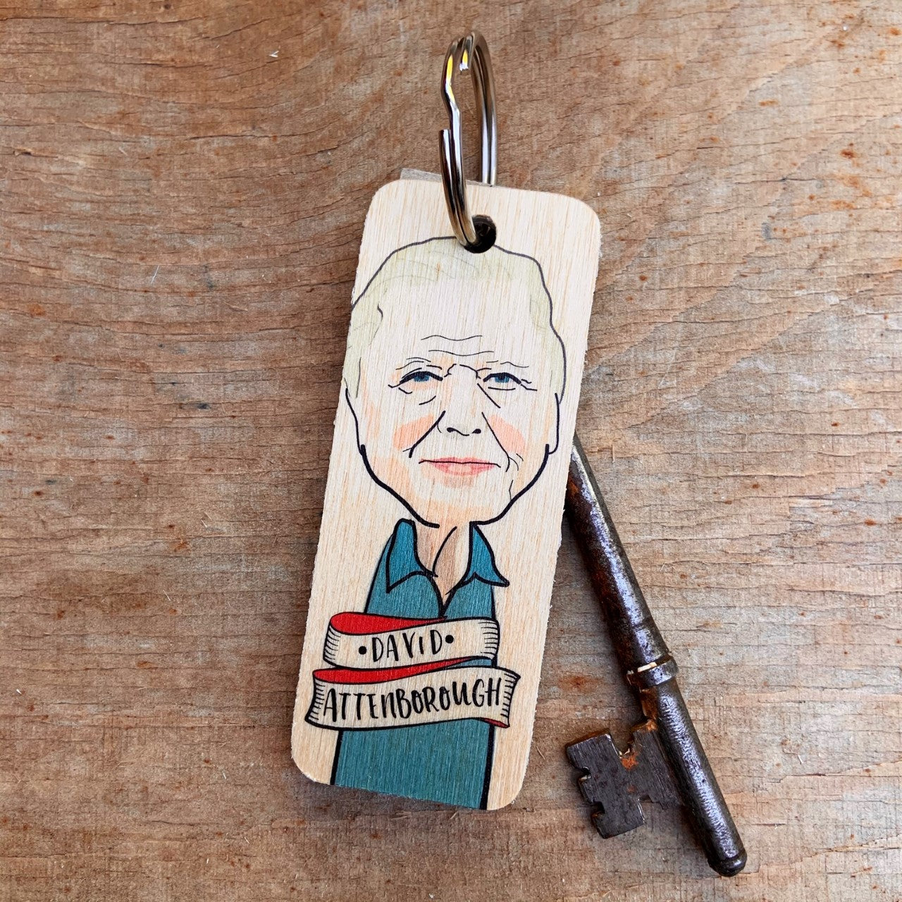 David Attenborough Character Wooden Keyring by Wotmalike