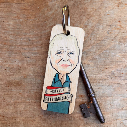 David Attenborough Character Wooden Keyring by Wotmalike