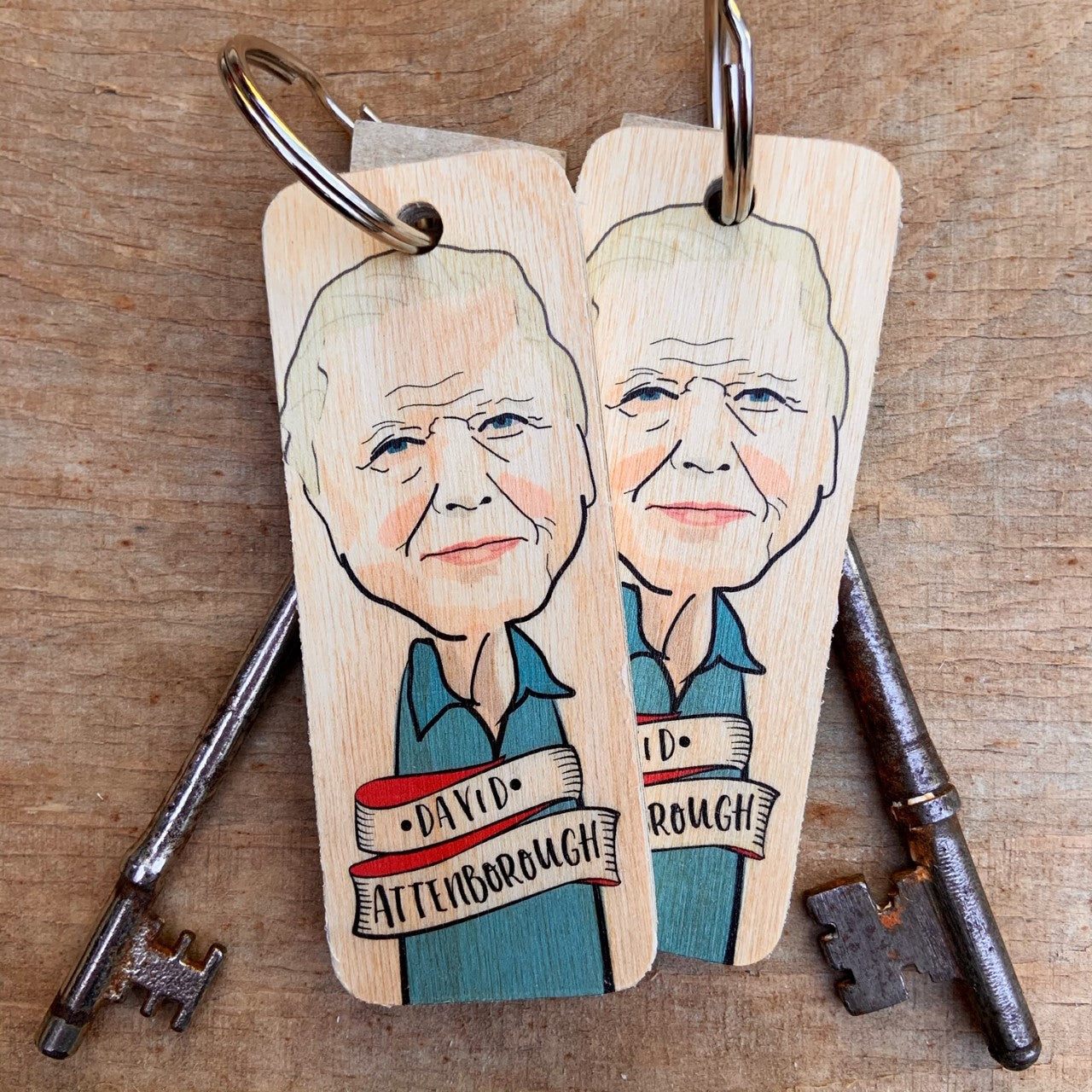 David Attenborough Character Wooden Keyring by Wotmalike