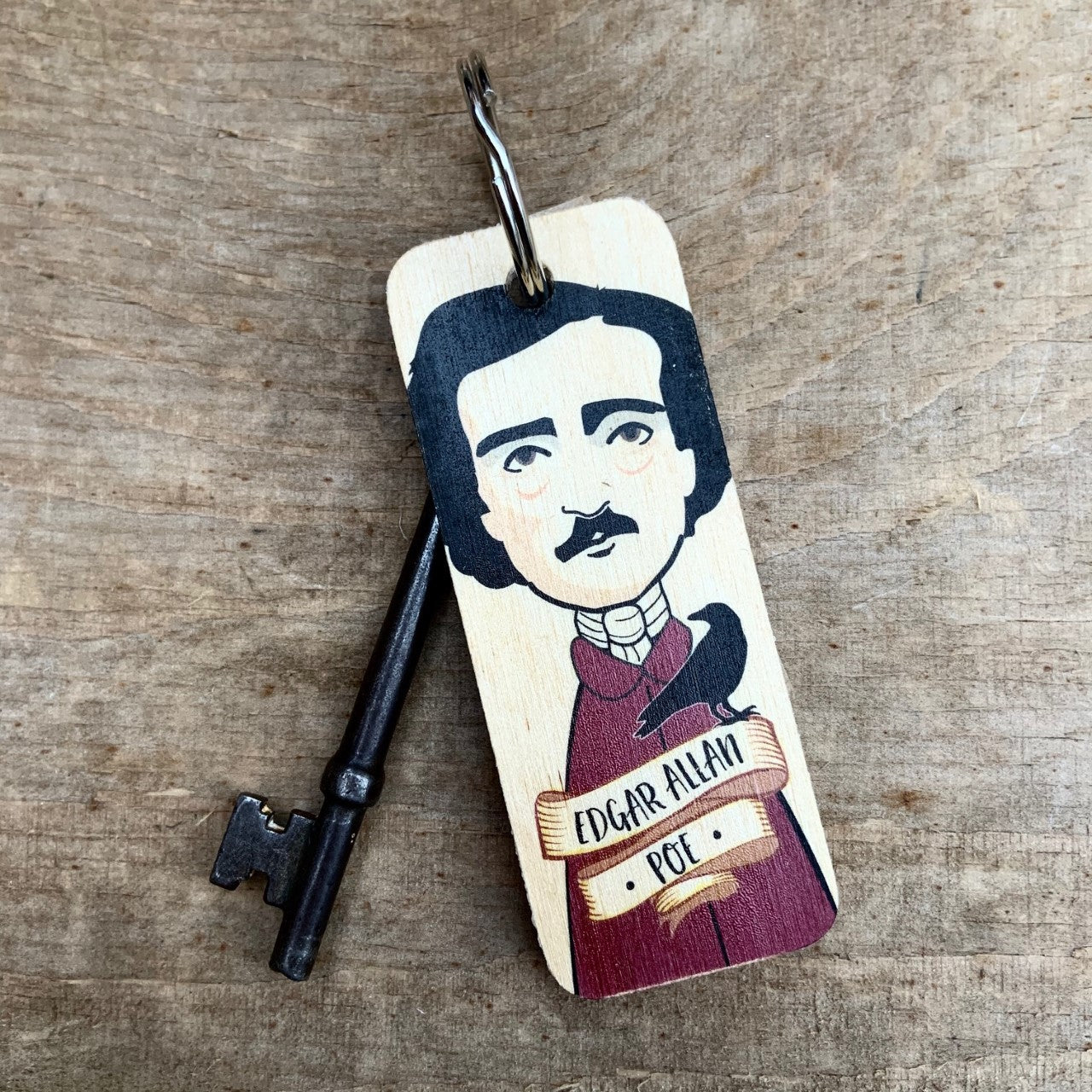 Edgar Allan Poe Character Wooden Keyring by Wotmalike