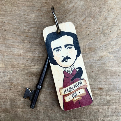 Edgar Allan Poe Character Wooden Keyring by Wotmalike