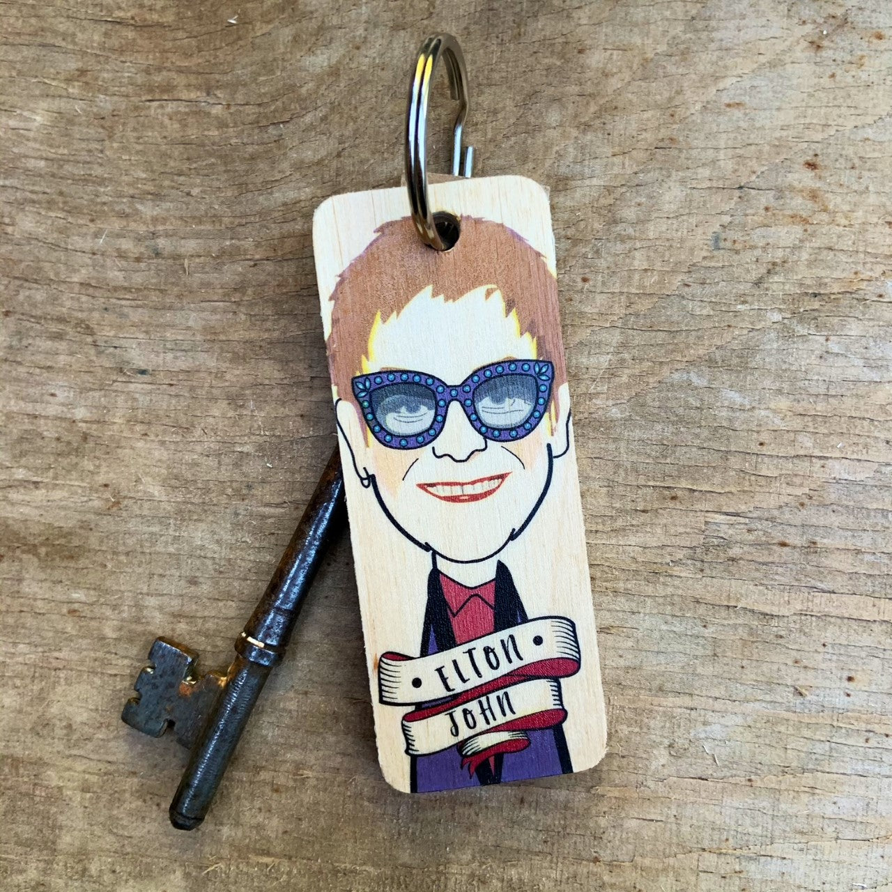 Elton John Character Wooden Keyring by Wotmalike