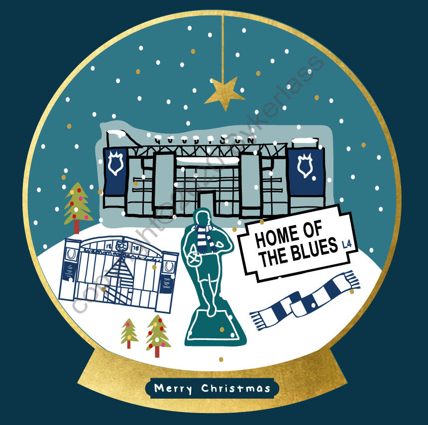 Everton Football Snow Globe Christmas Card by Wotmalike