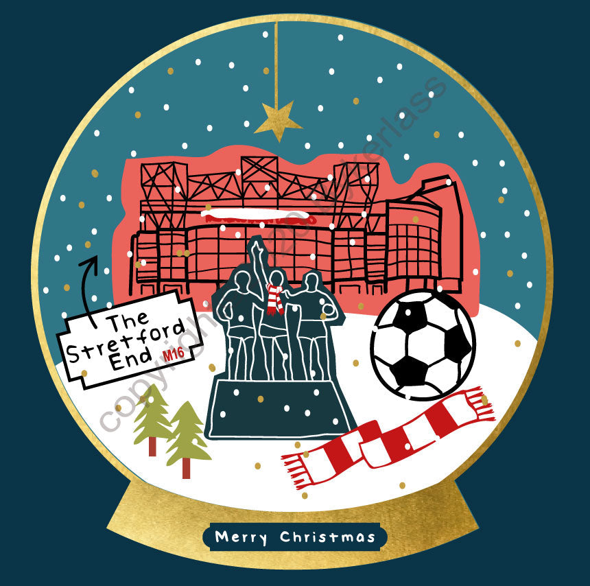 Manchester Old Trafford Football Snow Globe Christmas Card by Wotmalike