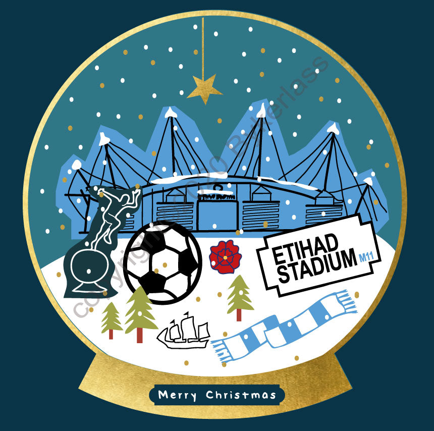 Manchester Etihad Football Snow Globe Christmas Card by Wotmalike