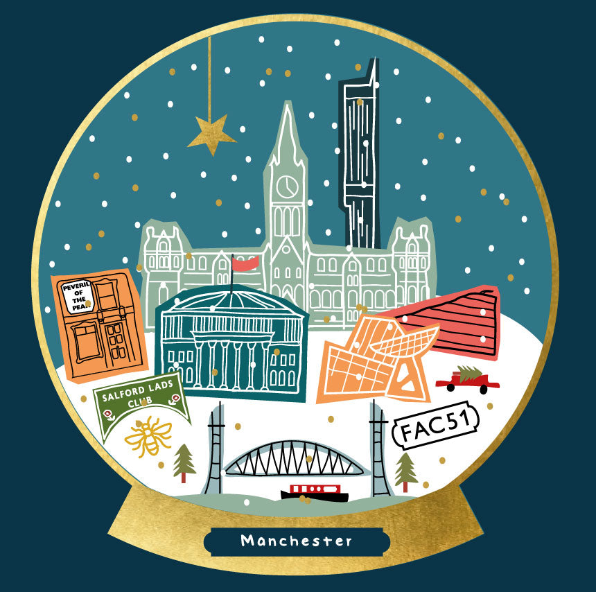 Manchester Snow Globe Christmas Card by Wotmalike