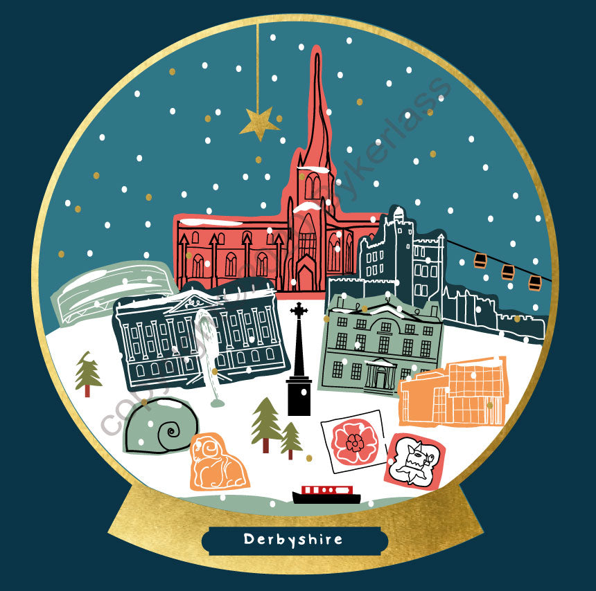 Derbyshire Snow Globe Christmas Card by Wotmalike