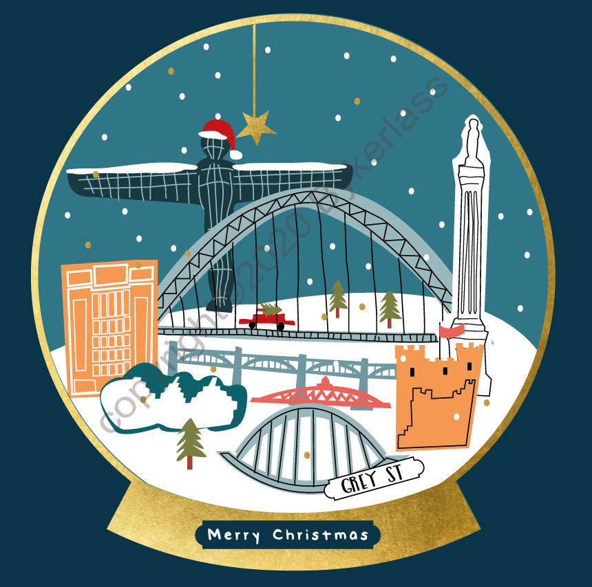 Newcastle Snow Globe Christmas Card by Wotmalike