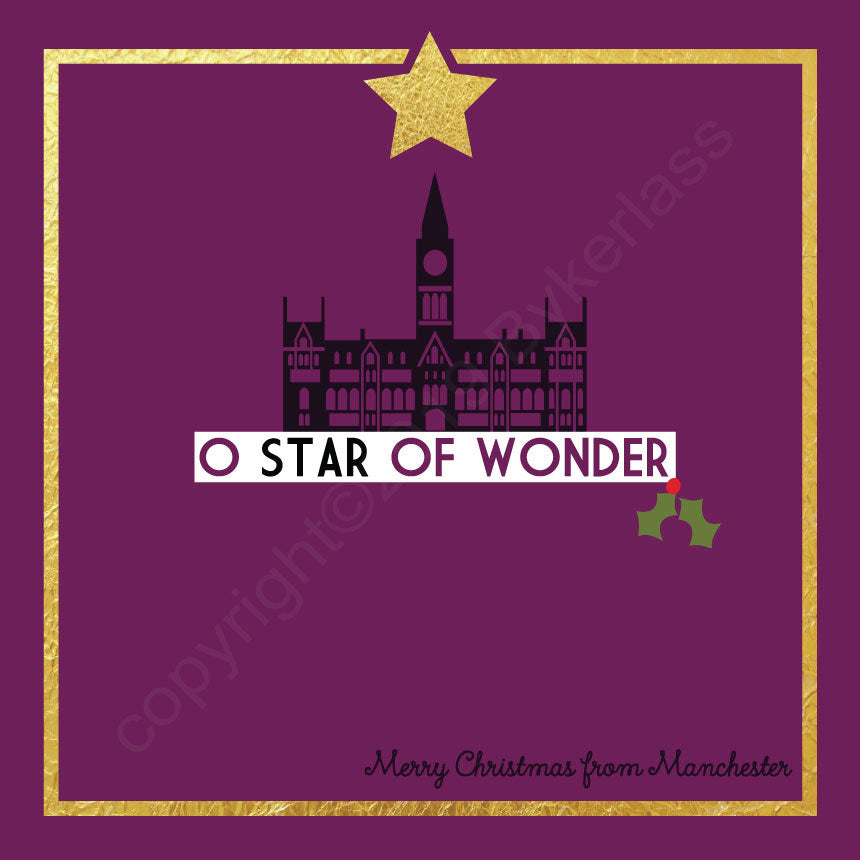 Manchester O Star of Wonder Plum Christmas Card by Wotmalike