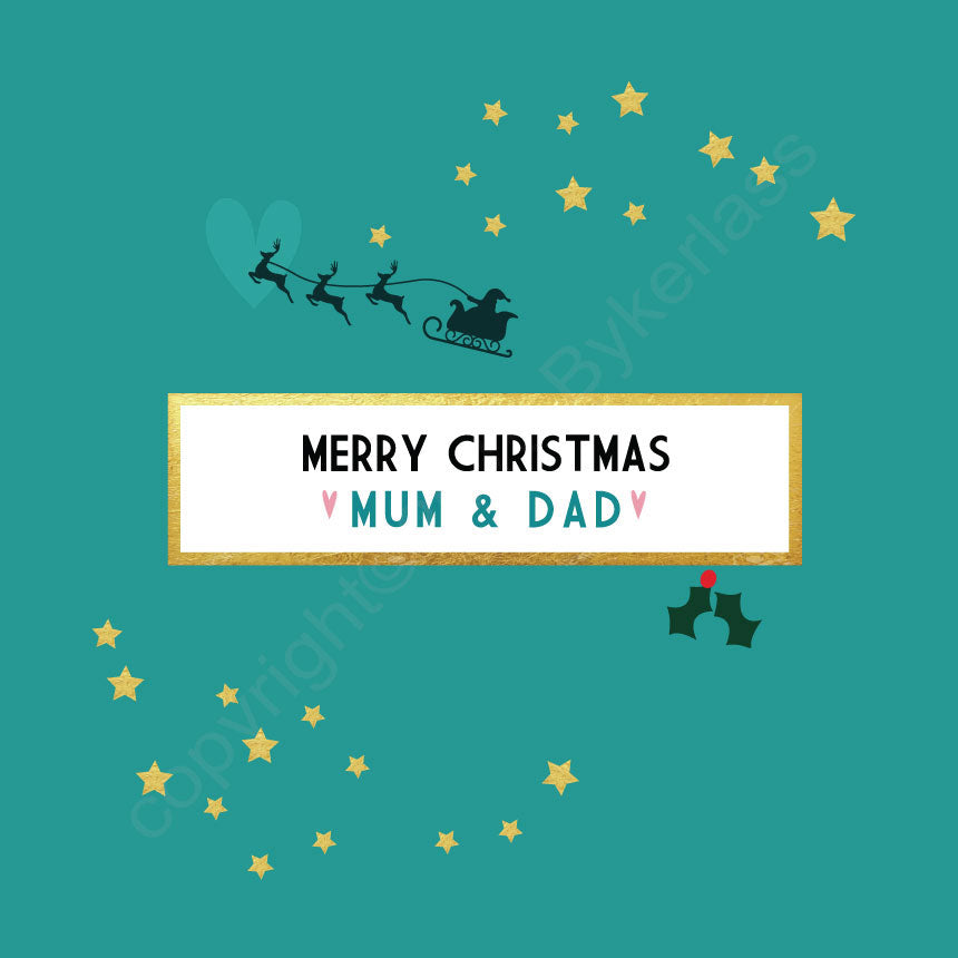 Merry Christmas Mum And Dad Turquoise Christmas Card by Wotmalike