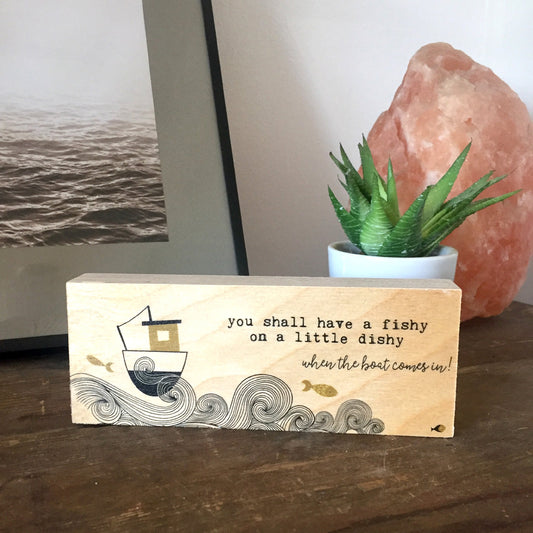 FISHY ON A DISHY Two Sided  Hand  Made Wooden Art Block OLIVE