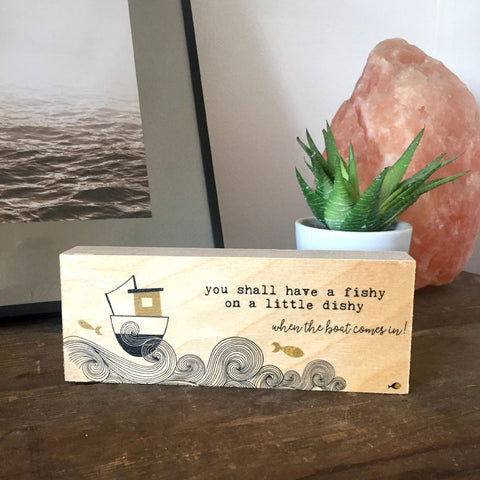 FISHY ON A DISHY Two Sided Hand Made Wooden Art Block OLIVE - WB